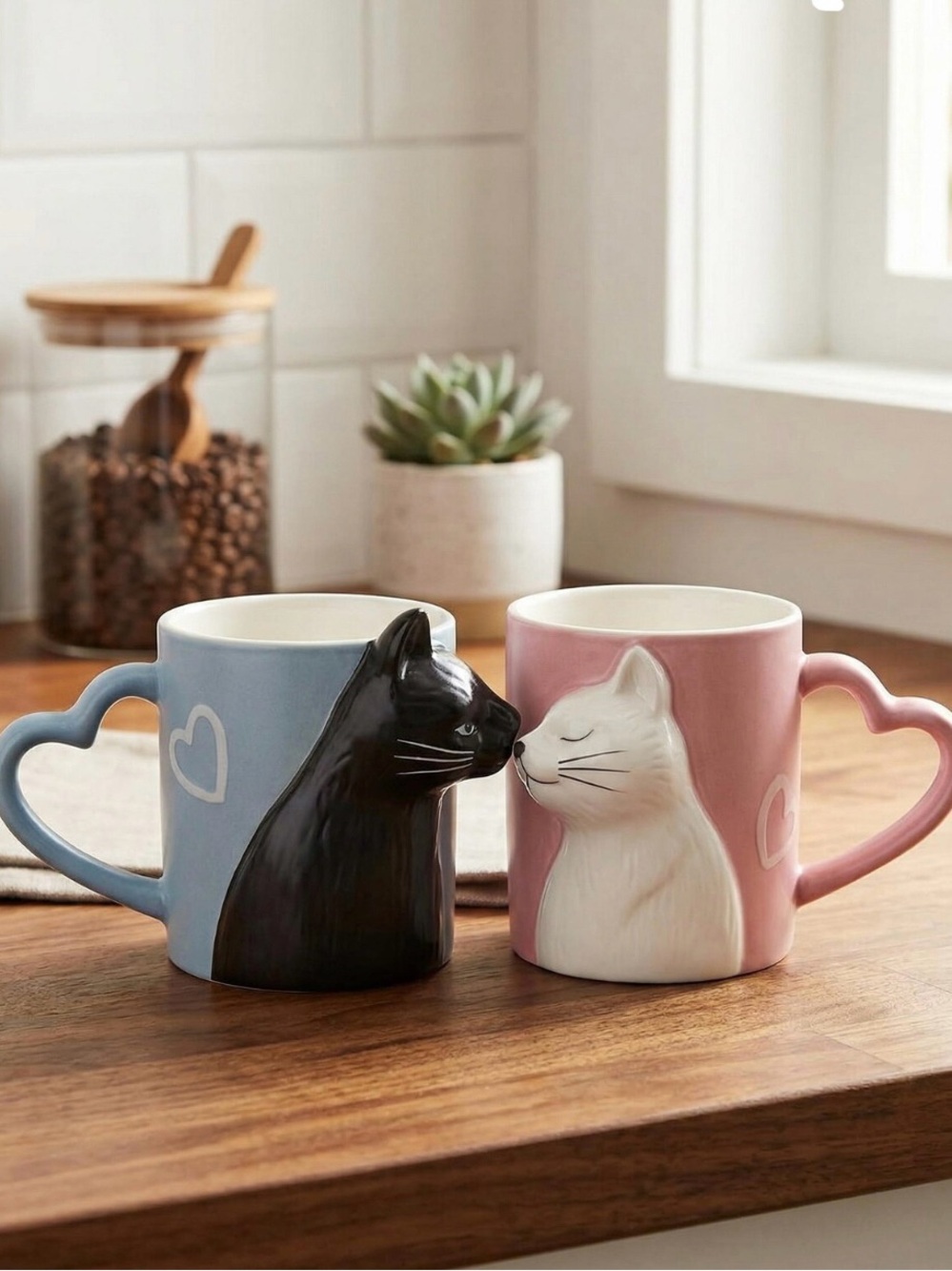 Couple Kissing Cat Coffee Mug Set Blue and Pink